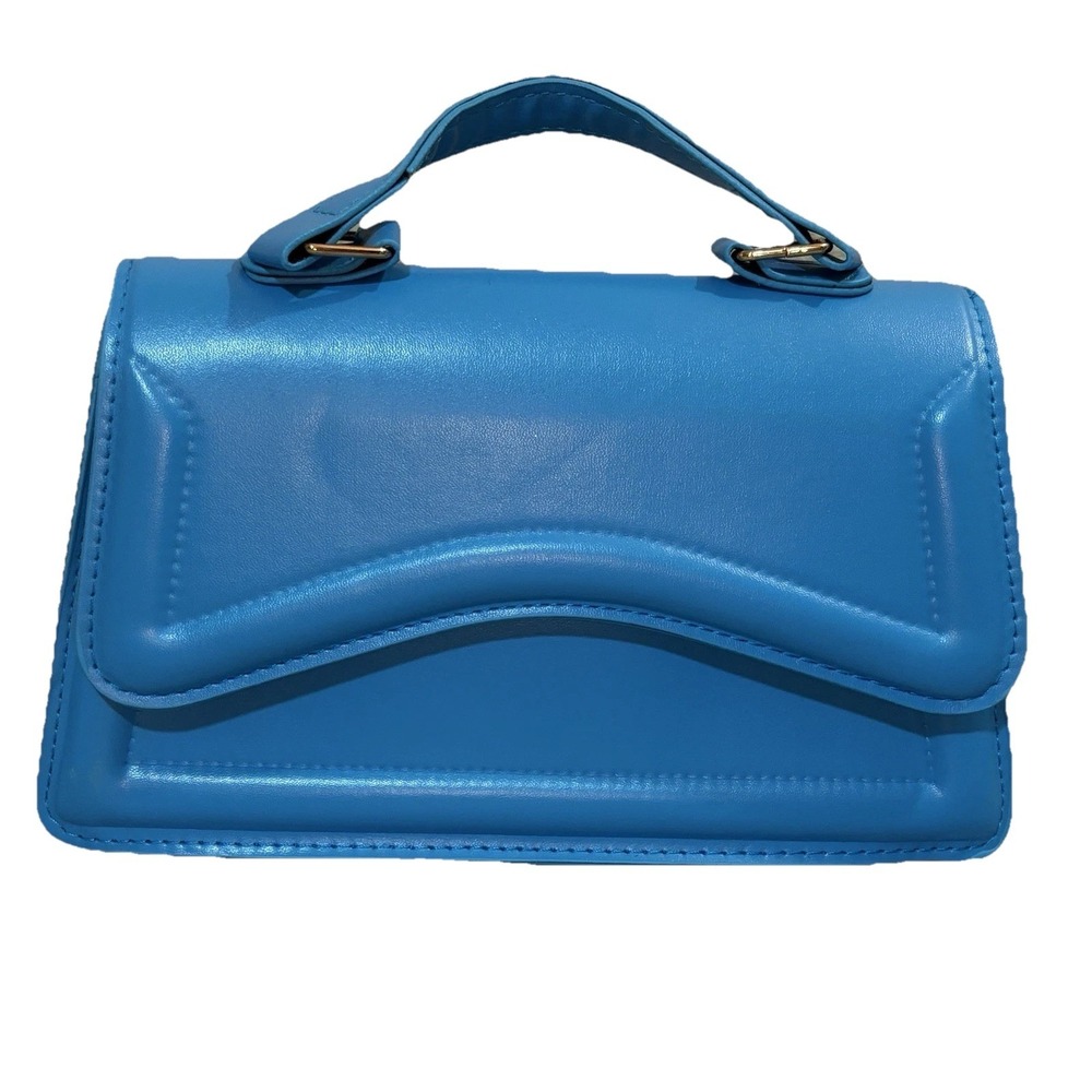 Teal blue Crossbody faux leather‎ top handle bag Purse Snap closure Trendy Matte
